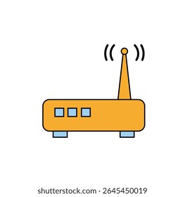 Vetor de desenho animado de um roteador sem fio laranja com uma única antena e ondas de sinal radiante, simbolizando a conectividade Wi-Fi.