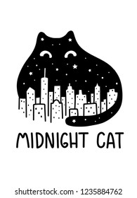 A Cartoon Vector Outline Drawing Of Black Midnight Sky Cat Watching Over The City Skyline