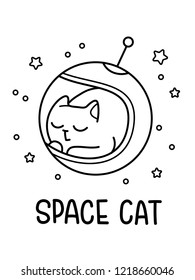 A Cartoon Vector Outline Drawing Of A Cat Sleeping In A Spacesuit Helmet In Space