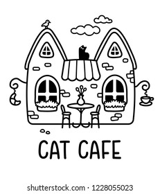 A Cartoon Vector Outline Drawing Of A Cat Cafe Or Coffee House