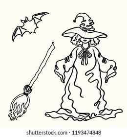 Cartoon vector outline Halloween witch, broom, bat silhouette isolated on the white background 