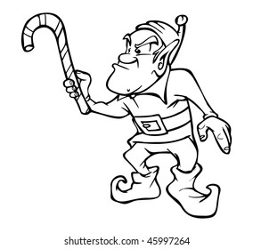 cartoon vector outline illustration angry elf candy cane