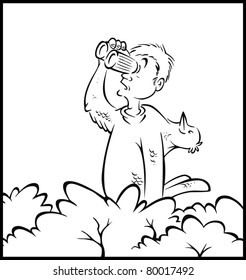 cartoon vector outline illustration of a birdwatcher in disguise