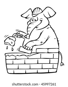 cartoon vector outline illustration elephant bricklayer