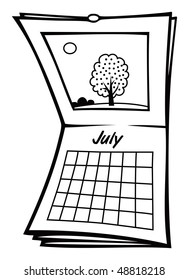 cartoon vector outline illustration July calendar