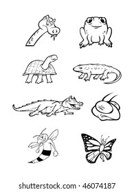 cartoon vector outline illustration reptiles insects collection