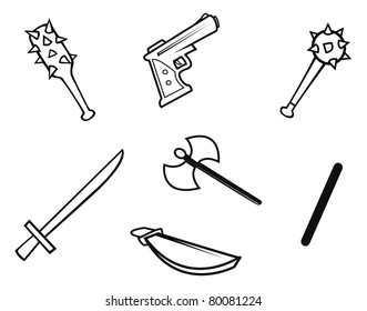 cartoon vector outline illustration of a weapon collection