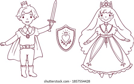 cartoon vector outline images of prince and princess and royal coat of arms of love. children's coloring book
