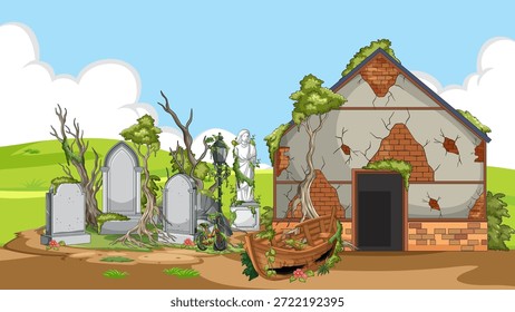 Vector de dibujos animados de cementerio cubierto y casa agrietada bajo la luz del día brillante, estilo plano detallado