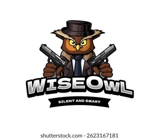 Cartoon vector owl in a suit and fedora holds a pistol, blending wise charm with a playful gangster mood