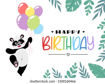 Cartoon vector panda with balloons in hand drawn style, isolated on white background. Greeting card Happy Birthday. Black and white bear, animal for children's and kids books, print, fabric.