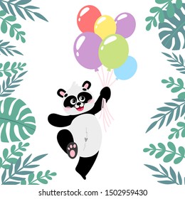 Cartoon vector panda with balloons and palm leaves, in hand drawn style, isolated on white background. Black and white bear, animal for children's and kids books, print, poster, stickers, fabric.