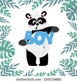 Cartoon vector panda with lettering Boy, in hand drawn style, isolated on white background. Black and white bear, animal for children's and kids books, print, poster, stickers, fabric.