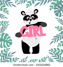 Cartoon vector panda with lettering Girl, in hand drawn style, isolated on white background. Black and white bear, animal for children's and kids books, print, poster, stickers, fabric.