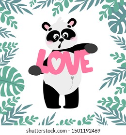 Cartoon vector panda with lettering Love, in hand drawn style, isolated on white background. Black and white bear, animal for children's and kids books, print, poster, stickers, fabric.