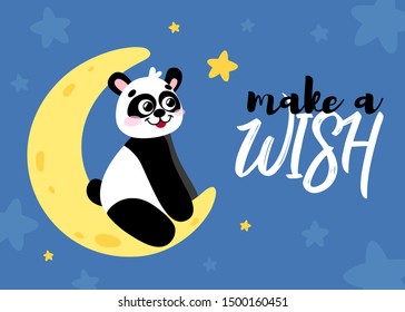 Cartoon vector panda on the moon in hand drawn style, isolated on white background. Make a wish card. Black and white bear, animal for children's and kids books, print, poster, stickers, fabric.