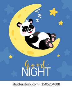 Cartoon vector panda on the moon in hand drawn style, isolated on white background. Good night card. Black and white bear, animal for children's and kids books, print, poster, stickers, fabric.