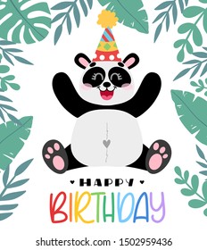 Cartoon vector panda with palm leaves in hand drawn style, isolated on white background. Greeting card Happy Birthday. Black and white bear, animal for children's and kids books, print, fabric.