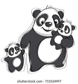 Cartoon vector pandas illustration in a naif simple childish drawing style isolated in white background