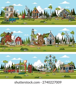 Cartoon vector panorama of abandoned rural amusement park and village buildings under bright daylight sky
