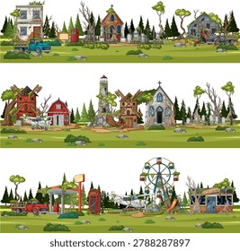 Cartoon vector panorama of deserted countryside town, ruined houses, church, windmill, and fairground