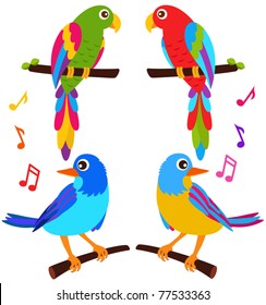 Cartoon Vector of Parrots and Birds singing on a branch. A set of cute and colorful icon collection isolated on white background