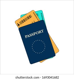 Cartoon vector passport with boarding pass. Summer time, vector illustration