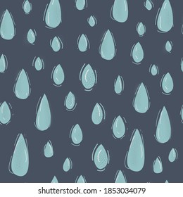 Cartoon vector pattern of drops on dark background. Rain drop.