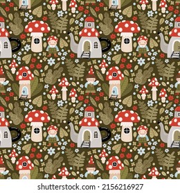 Cartoon vector pattern with fairy tale houses fly agaric, forest plants, mushrooms and gnomes. Seamless pattern with forest illustrations for nursery decor, fabrics, textiles, etc.