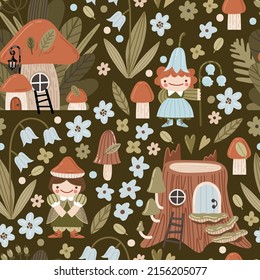 Cartoon vector pattern with forest plants, fairy houses, mushrooms, cute little fairies. Seamless background for children's decor, wrapping paper, children's textiles, fabrics.