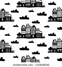 Cartoon vector pattern with hand-drawn houses and clouds.