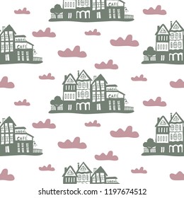 Cartoon vector pattern with hand-drawn houses and clouds