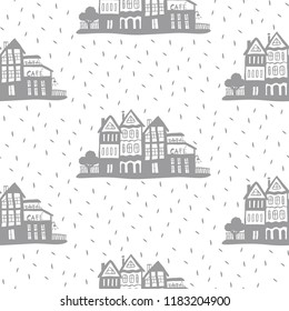 Cartoon vector pattern with houses and spots.