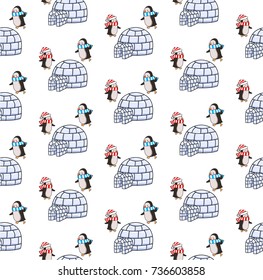 Cartoon vector pattern of two Xmas penguins and igloo. Tile