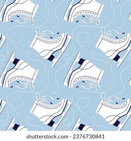 Cartoon vector pattern of white skates on blue background 
