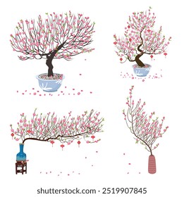 Cartoon vector of peach blossom in a vase or pot. Cherry blossom vector. Spring flower. Tet flower. Vietnam traditional new year flower, hoa dao. Flat vector in cartoon style.