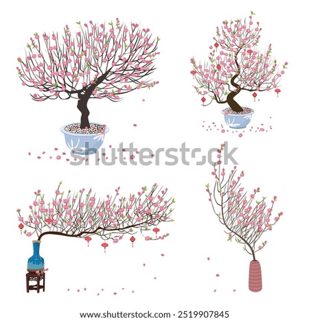 Cartoon vector of peach blossom in a vase or pot. Cherry blossom vector. Spring flower. Tet flower. Vietnam traditional new year flower, hoa dao. Flat vector in cartoon style.