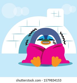 cartoon vector of penguin at north pole feeling cold to the point that he has to find a blanket for warming himself up. his face is pale, freezing but refuse to get in the house anyway.