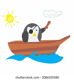 vector de dibujos animados, pirata de pingüinos navegando en el océano