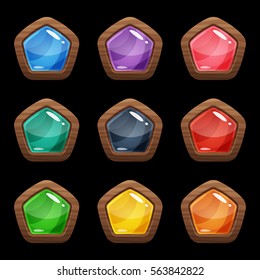 Cartoon vector pentagon buttons set with colorful middles in wooden frame, isolated on black background.