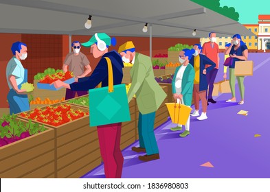 Cartoon vector people with blue hair, wearing masks, holding bags, shopping outdoors at a farmer's market. Tomatoes, beets for sale. Socially distanced grocery shopping.