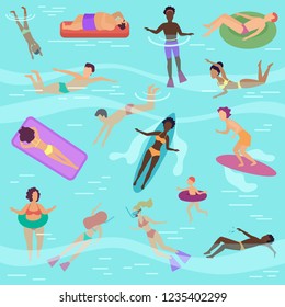 Cartoon vector people set in sea or ocean performing various activities. Male and female sunbathing, swimming, diving, surfing, lying on soft floating air mattress.