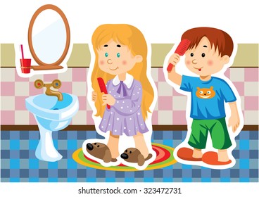 Cartoon Vector Picture Of Boy And Girl Brushing Hair