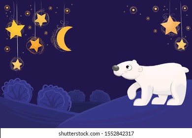 Cartoon vector picture of  white bear on hill in stary night.