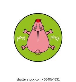Cartoon vector piggy. pig top view. Inscribed in a circle as an emblem green background