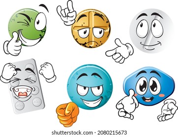 Pastillas vectoriales de dibujos animados se enmascaran sobre fondo blanco. Perfecto para imprimir en carteles, tapices, murales, tazas, gafas, tumbonas, pancartas, enrollamientos. Formato vectorial EPS.