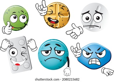 Pastillas vectoriales de dibujos animados se enmascaran sobre fondo blanco. Perfecto para imprimir en carteles, tapices, murales, tazas, gafas, tumbonas, pancartas, enrollamientos. Formato vectorial EPS.