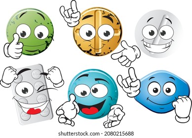 Cartoon vector pills mascot on white background. Perfect for printing on posters, wallpapers, wall murals, mugs, glasses, deckchairs, banners, roll-ups. EPS vector format.