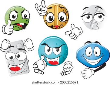 Cartoon vector pills mascot on white background. Perfect for printing on posters, wallpapers, wall murals, mugs, glasses, deckchairs, banners, roll-ups. EPS vector format.
