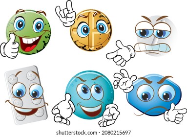 Cartoon vector pills mascot on white background. Perfect for printing on posters, wallpapers, wall murals, mugs, glasses, deckchairs, banners, roll-ups. EPS vector format.
